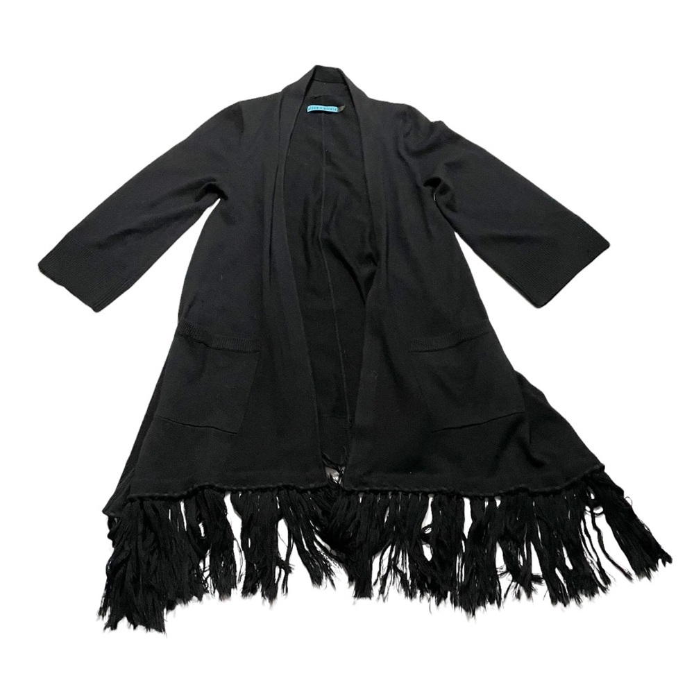 Alice + Olivia Black 100% Wool Designer Soft Knit Cardigan Sweater Tassel Accent